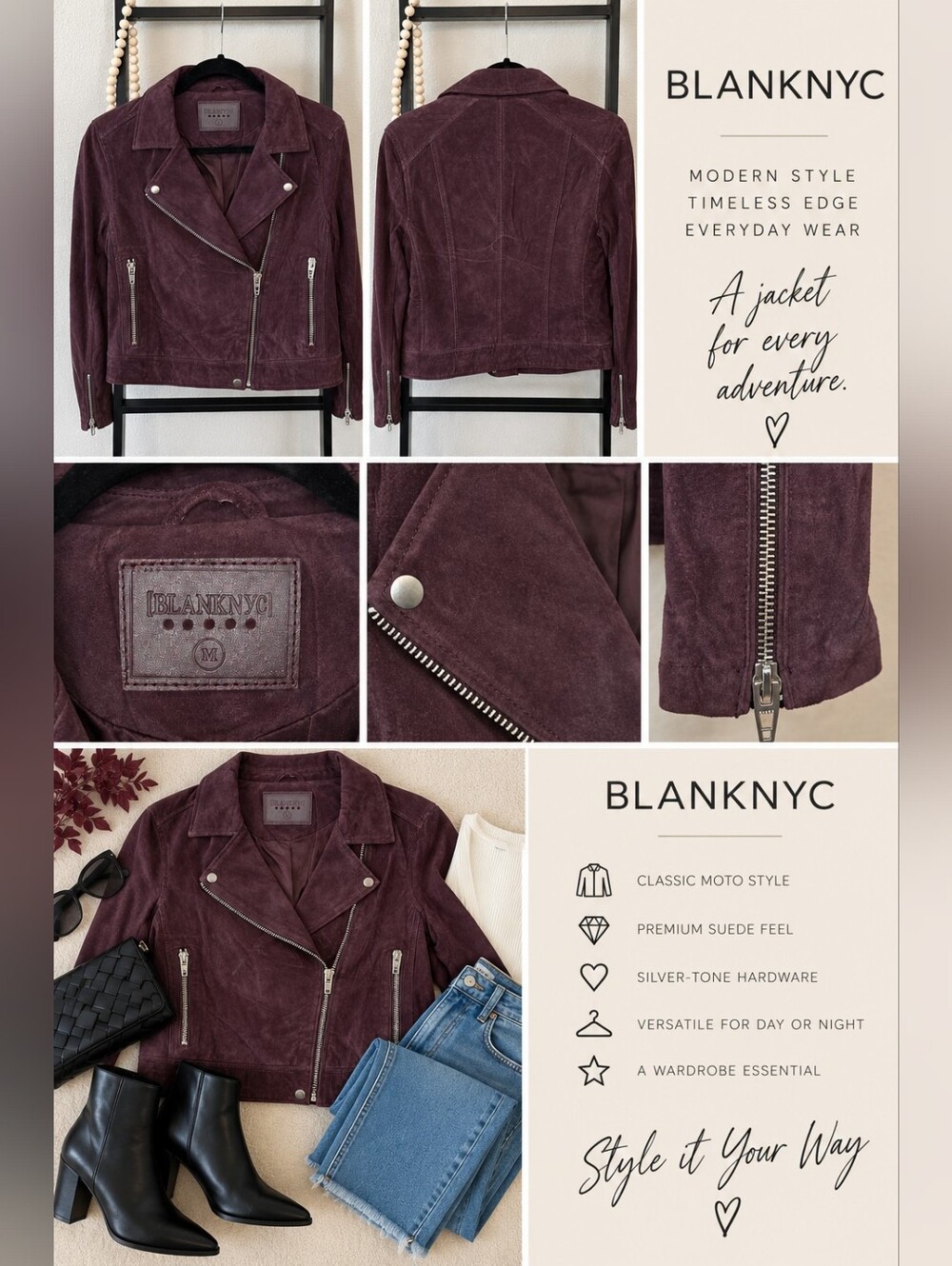 BLANKNYC Plum Burgundy Suede Moto Jacket – Size M